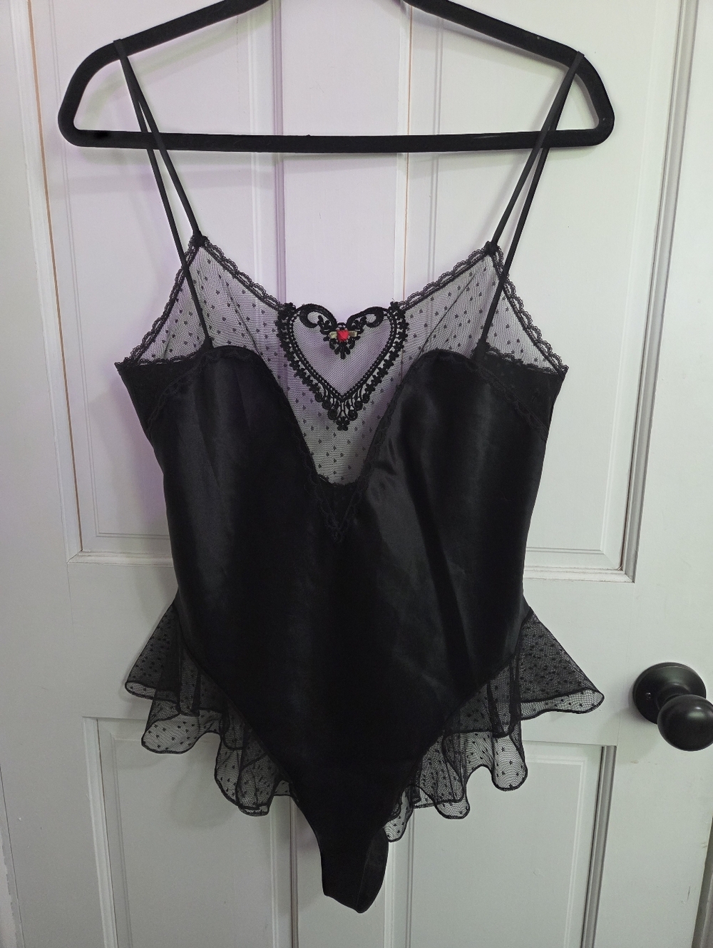 Delicates Black Heart Polka Dot Satin Bodysuit